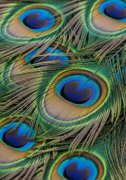 Close-up of iridescent peacock feathers with eye patterns