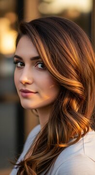 Portrait of a Young Woman with Wavy Brown Hair and Golden Hour Light