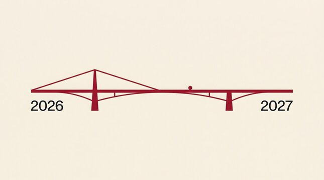 Stylized bridge connecting year 2026 and 2027 with small dot representing progress over time.
