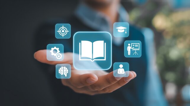 Online education with digital learning icons hovering over a person's palm, representing knowledge acquisition and skill development