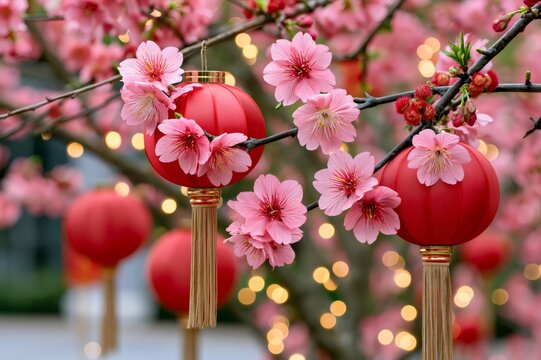Chinese New Year red lanterns hanging on cherry blossoms tree