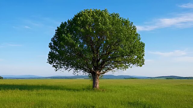 Solitary tree standing in lush green meadow with blue sky grass