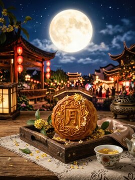 Mid Autumn Festival mooncake on wooden table, full moon and glowing lanterns in starry night sky background with tea set.