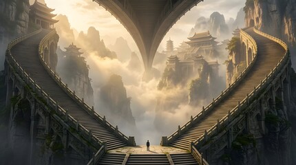 Fototapeta premium Lone traveler standing before majestic stone stairways leading toward an ancient ethereal mountain temple complex nestled within golden misty clouds under a grand architectural bridge structure
