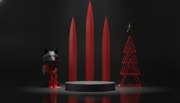 Low poly black wolf sculpture and red christmas tree geometric display stand for product presentation in dark