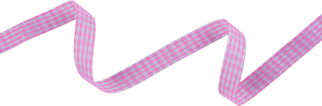Winding pink and white gingham checkered textile craft ribbon flowing diagonally isolated on a transparent background