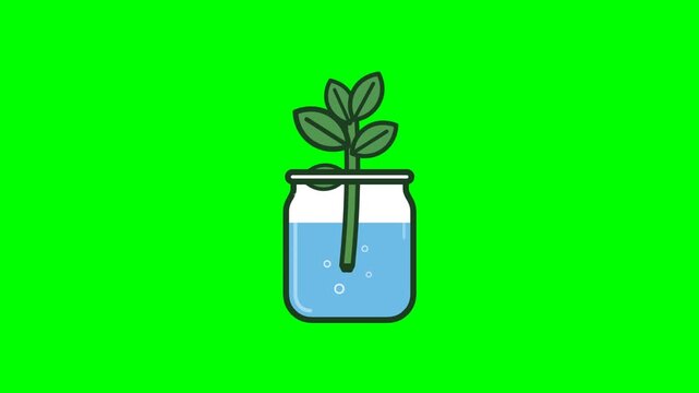 Green plant cutting growing inside a glass jar with water on green screen
