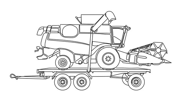 Line art combine harvester on trailer white background.