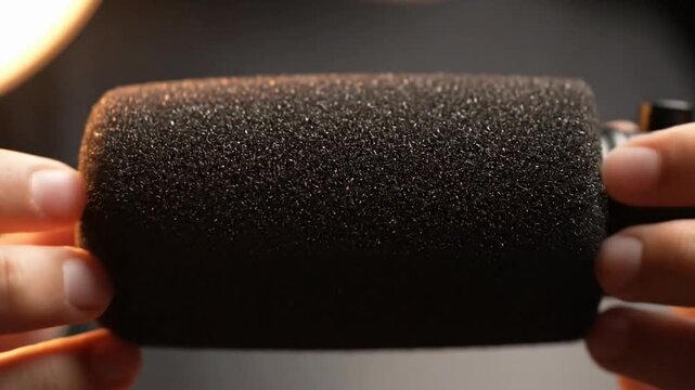 Hands holding a black foam microphone windscreen for audio recording and sound production