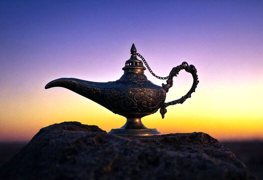 Beautiful antique magic lamp resting on a rock during a stunning sunset with colorful sky background