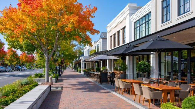 Main street sidewalk cafe with autumn leaves