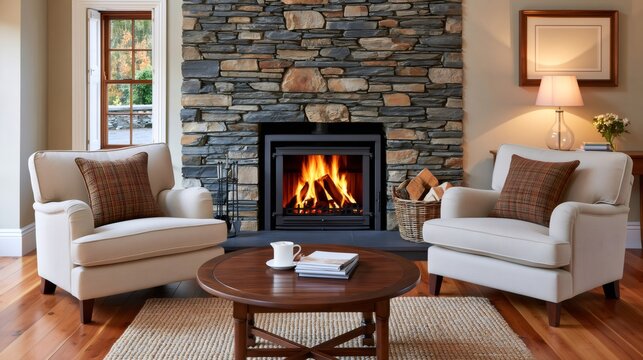Cozy living room fireplace with comfortable armchairs