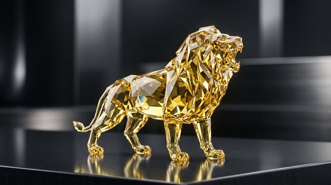 Elegant faceted crystal lion sculpture illuminated by soft light