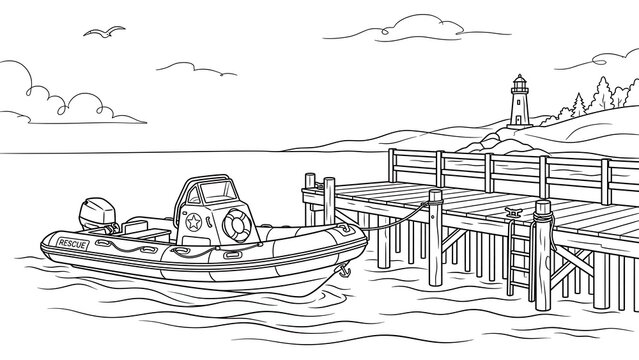 Inflatable boat at dock white background.