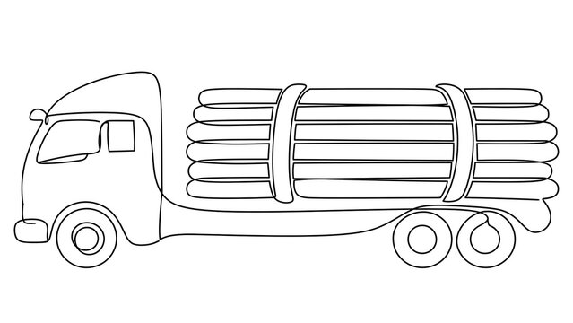 Log transport truck line drawing white background.