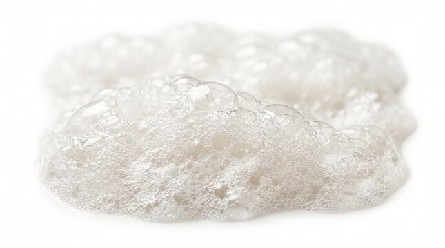 Close-up of white soap foam or suds with many small bubbles on a clean white background.