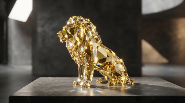 Glistening golden crystal lion sculpture on pedestal with dramatic lighting