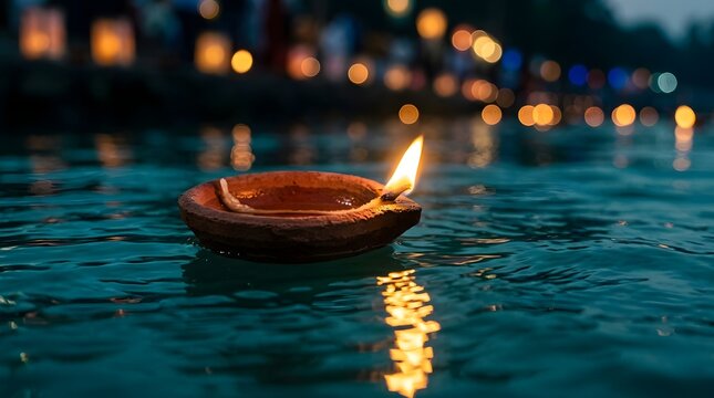 Traditional clay diya lamp floating on water for diwali