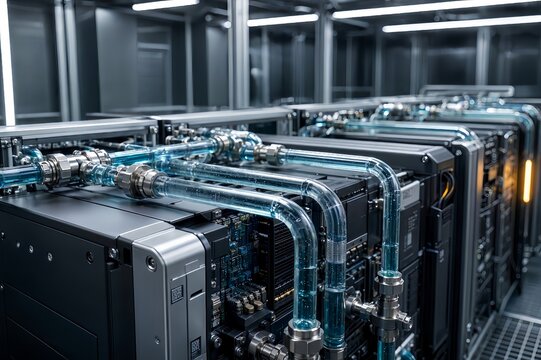 Close-up of advanced liquid cooling infrastructure inside AI data center server racks