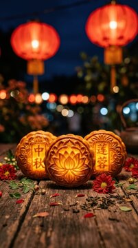 Mid autumn festival mooncakes with lotus pattern and Chinese characters on wooden table with red flowers and glowing lanterns in blurred background.