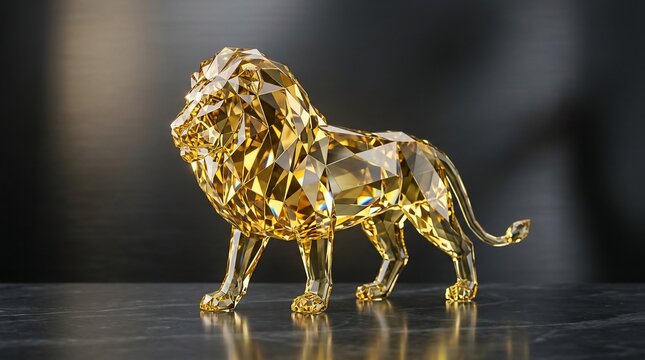 Golden crystal lion figurine reflecting light majestic regal animal sculpture