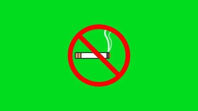 A standard red no smoking sign isolated on a solid vibrant green background