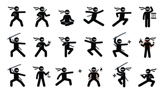 Dynamic ninja stick figure vector set illustrating various combat poses and martial arts training action sequences