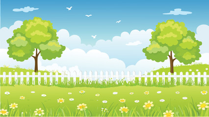 Naklejka premium Green meadow with white picket fence and trees under a blue sky