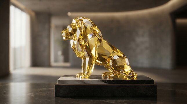 Golden crystal lion sculpture on pedestal modern interior lighting
