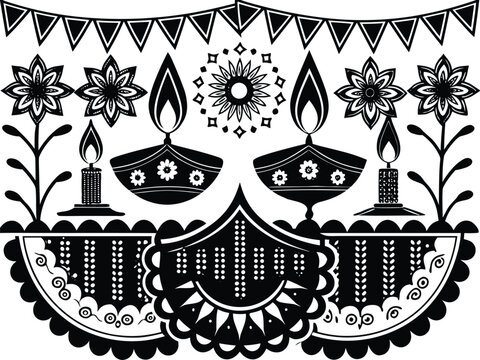Diwali festival greeting card design with traditional oil lamps flowers and decorative bunting flags in black and white illustration