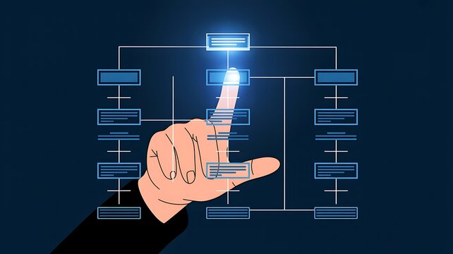 A hand is pointing to a digital flowchart on a dark blue background. The flowchart shows interconnected boxes, representing a system or process.