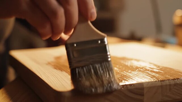 Artisan Applying Wood Stain With Brush On A Natural Oak Surface