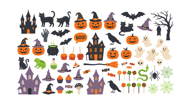 Halloween vector element collection set with spooky haunted house pumpkin lantern black cat ghost bat witch hat skull candy spider