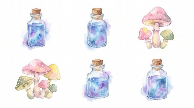 Whimsical watercolor magic potion bottles and fantasy mushrooms, a charming collection of mystical illustrations for enchanting designs, magical elixirs, and fairy tale graphics.