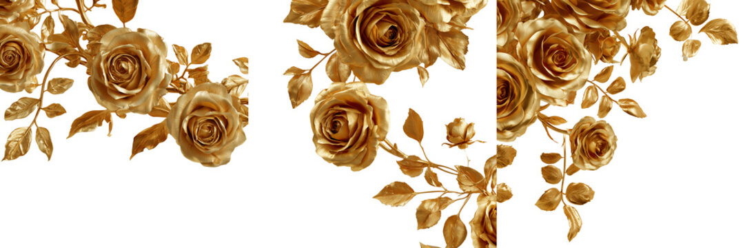 Set of A beautiful gold decorative wreath featuring realistic blooming roses on transparent png background. Ai generated