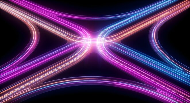 Vibrant highway interchange featuring glowing purple and blue neon light streaks captured from a high angle in dark night time
