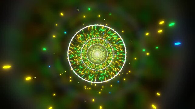Abstract Green Background with Glowing Circles, Fractal Light Patterns and Vibrant Neon Effects for Futuristic Christmas Holiday Wallpaper Design