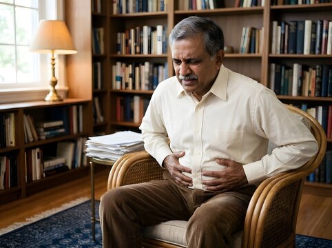 Senior man holding stomach with pained expression in home library