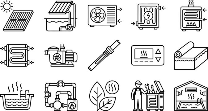 Swimming Pool Heating and Solar Water Heater Line Icon Set Featuring Heat Pump Boiler Heat Exchanger Hot Tub Control Panel and Technician Maintenance Services