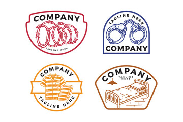Fototapeta premium Handcuffs, barbed wire, inmate uniform and cell bed retro badge logo design set. Jail security themed vintage patch symbol pack. Incarceration and correctional facility rustic emblem elements