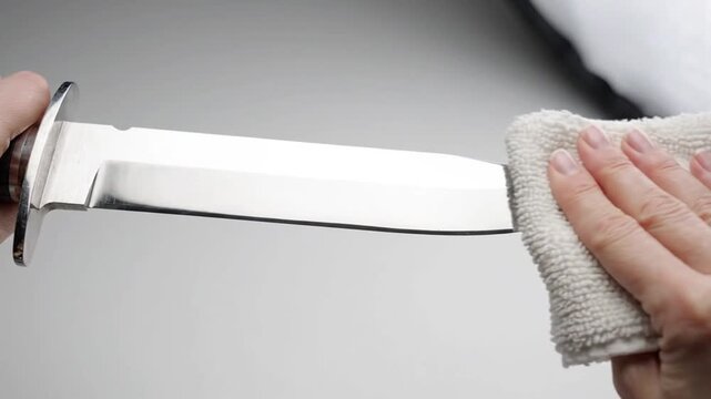 Hands cleaning and polishing a large steel hunting knife blade with a white cloth.