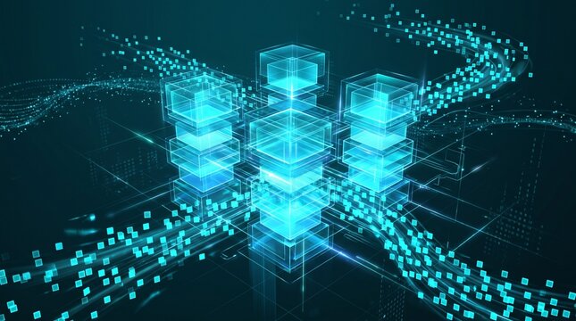 Abstract digital cloud storage concept featuring glowing blue geometric cubes with streaming data packets on a dark grid background representing high-speed networking and server architecture.