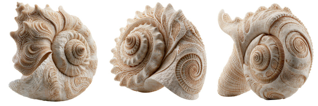 Set of A curated collection of large spiral conch shells with distinctive natural ridges and elegant curved forms on transparent png background. Ai generated