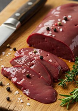 Raw Sliced Liver with Herbs and Spices on Wooden Board, Fresh Meat Preparation