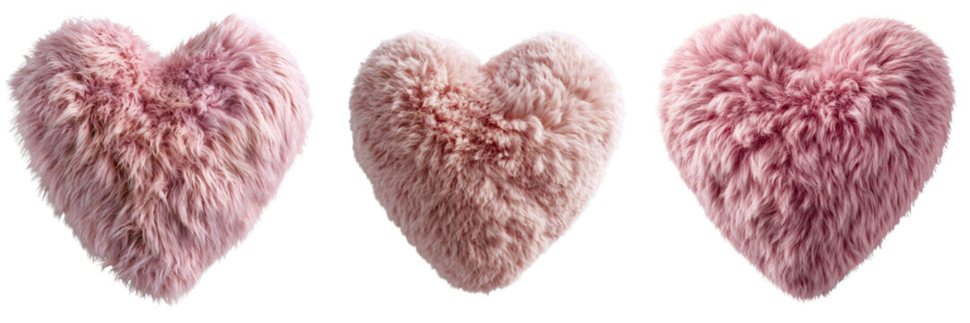Set of A cute plush heart shaped cushion extra soft fluffy fibers smooth elegant form on transparent png background. Ai generated
