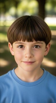 Young boy with bowl cut smiling outdoors, natural light, close-up portrait
