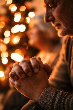 Elderly Couple Praying Together Beside Christmas Tree