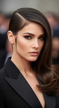 Elegant Woman with Styled Hair and Makeup in Black Blazer