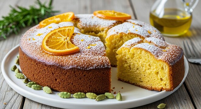 Orange Olive Oil Cake with Rosemary and Cardamom, Dusting of Powdered Sugar