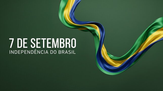 Banner de 7 de Setembro Independ&ecirc;ncia do Brasil com fita verde amarela e azul em fundo escuro